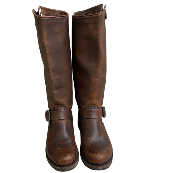 FRYE Women's Tall Veronica  Boots Brown Distressed Leather Buckle Moto Size 5.5 - Picture 2 of 13